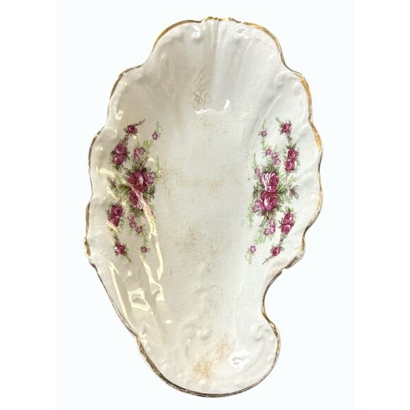 Antique Bone Trinket Dish Goodwin Semi Porcelain Floral Scalloped Gold Trim READ - Picture 15 of 15